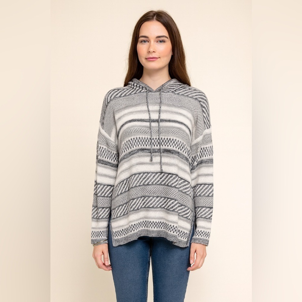 Oh MG: Hooded Knit  sweater,‎ gray, black, and white striped NWT